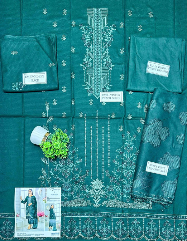 3 Pcs Women's Unstitched Plain Embroidered Suit